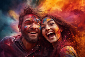 happy hindu indian people celebrate holi festival by throwing colorful powder at each other,...