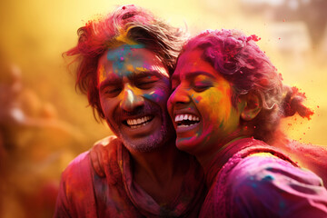 Obraz premium happy hindu indian people celebrate holi festival by throwing colorful powder at each other, generative AI