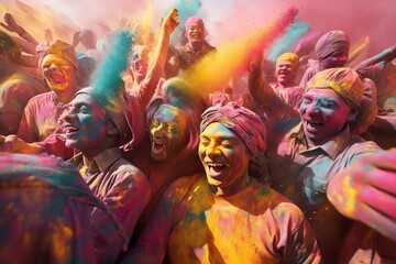 Obraz premium happy hindu indian people celebrate holi festival by throwing colorful powder at each other, generative AI