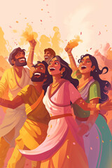 happy hindu indian people celebrate holi festival by throwing colorful powder at each other, painting style, generative AI