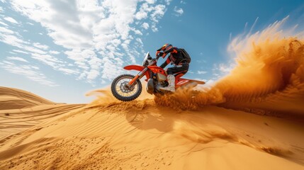 Rider on a red dirt bike creates a sand splash on dunes.