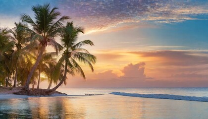 sunset on the beach, Paradise beach with palm trees and calm ocean at dawn or sunset. Panoramic banner of a peaceful landscape