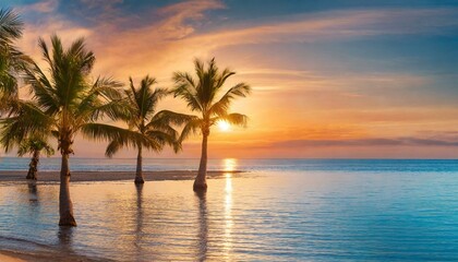 Fototapeta na wymiar sunset on the beach, Paradise beach with palm trees and calm ocean at dawn or sunset. Panoramic banner of a peaceful landscape