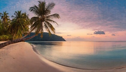 Fototapeta na wymiar sunset on the beach, Paradise beach with palm trees and calm ocean at dawn or sunset. Panoramic banner of a peaceful landscape