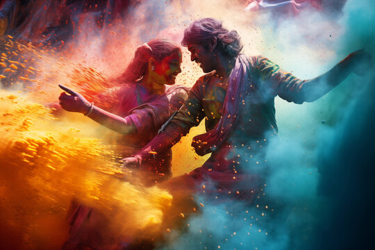happy hindu indian people celebrate holi festival by throwing colorful powder at each other, generative AI