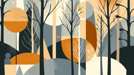 Artistic autumn forest in geometric shapes, stylized trees in earth colors, modern artwork on canvas