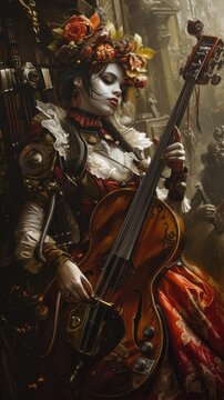 Painting of a woman in costume playing a cello in a dark room