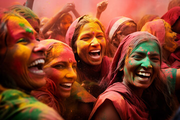 happy hindu indian people celebrate holi festival by throwing colorful powder at each other, generative AI