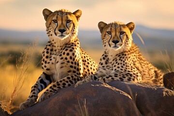 : A pair of cheetahs resting on a rocky outcrop, with the vast African savannah stretching out behind them.