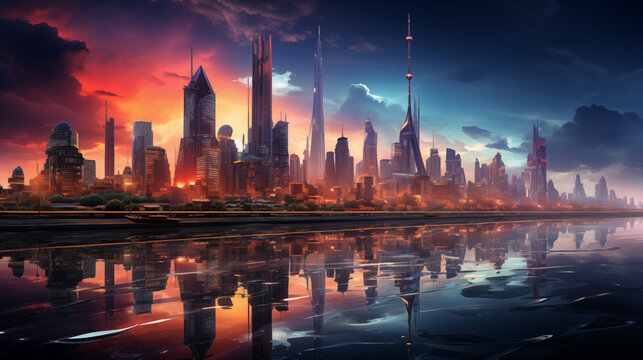 Wide Angle View of Cyberpunk City with High Building, wt Group Reflection and Neon Lights Effect Panorama View In Digital Futuristic Cityscape 