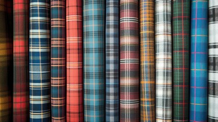 Various rolls of colorful tartan fabric patterns in a fabric store