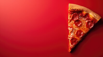 Vibrant single slice of pepperoni pizza on a bold red backdrop