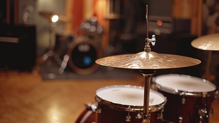Close-up of drum set with cymbals in a warm lit music studio