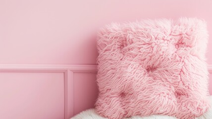 A fluffy pink square pillow on a minimalist pink background with texture