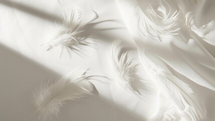 Soft white feathers casting shadows on a textured surface