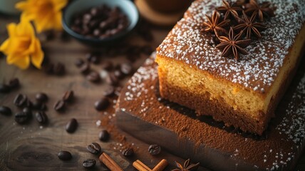 Close-up of a coffee cake dusted with sugar and spices