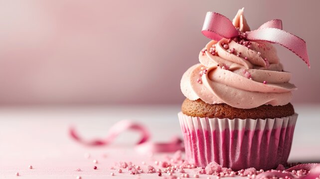 Pink frosted cupcake with a decorative bow on top, celebration