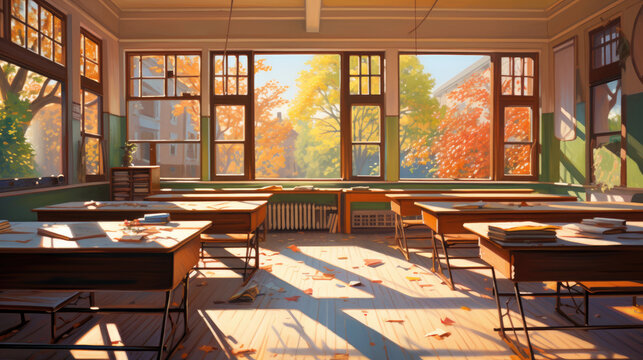 interior of school room with open window, in spring moment