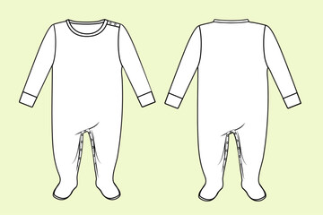 Baby Sleeping Onesie Fashion Template - Black and White Outline, Front and Back View Mock-Up