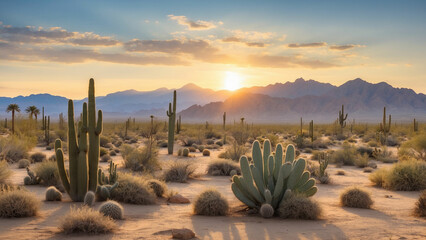 Tranquil moments as the desert transitions from day to night with the sun setting behind a cluster of cacti and creating a serene and peaceful atmosphere in the arid wilderness