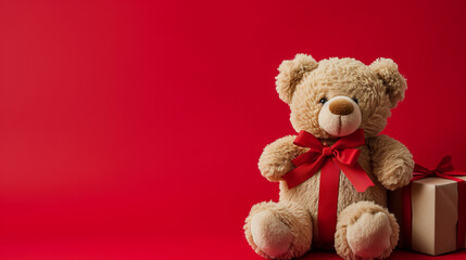 Teddy bear with gift box on red background. Valentines day concept.