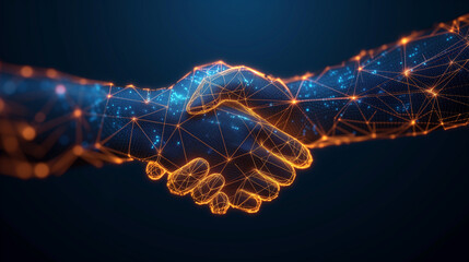 Handshake of a man and a woman in the form of a polygonal mesh on a dark blue background.
