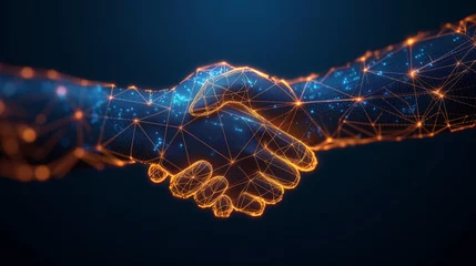 Foto op Plexiglas Fractale golven Handshake of a man and a woman in the form of a polygonal mesh on a dark blue background.