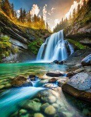 The beauty of a clean waterfall flowing down a mountain cliff in the morning. Natural springs in beautiful nature