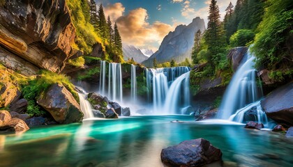 The beauty of a clean waterfall flowing down a mountain cliff in the morning. Natural springs in...