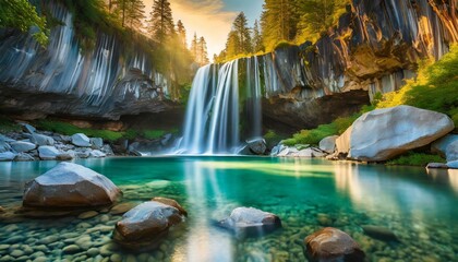 The beauty of a clean waterfall flowing down a mountain cliff in the morning. Natural springs in beautiful nature