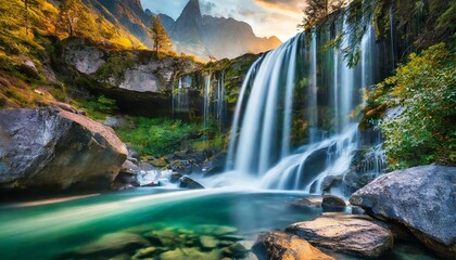 The beauty of a clean waterfall flowing down a mountain cliff in the morning. Natural springs in beautiful nature