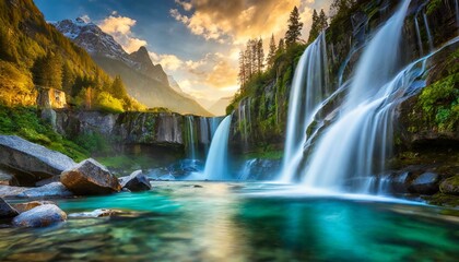 The beauty of a clean waterfall flowing down a mountain cliff in the morning. Natural springs in beautiful nature