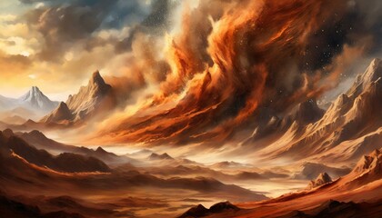 Flying sand on the mountain forms waves in the desert in the afternoon