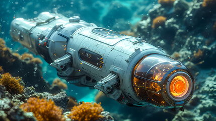 An underwater robotic submarine explores coral reefs in a deep-sea environment.
