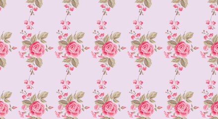 Cute Watercolor Pink Rose Flowers Seamless Pattern with Leaf. Flower Floral Pattern Vector