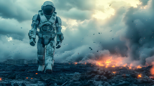 A lone astronaut exploring a desolate, fiery alien planet with a dramatic cloudy sky.

