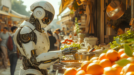 Fototapeta na wymiar A humanoid robot serves food at an outdoor market stall, surrounded by fresh produce and interacting with customers. 