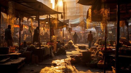 A busy street market, crowded with goods and people, at sunset.