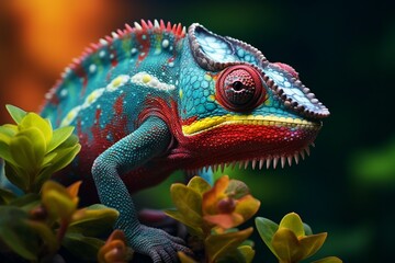 : A macro shot of a colorful chameleon perched on a tropical plant, blending seamlessly with its lush surroundings.