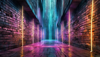 Modern futuristic neon lights on old grunge brick wall room background art, background wallpaper stone, wallpapers, photos, background, landscape, Ai Generate