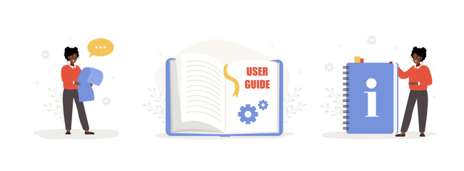 User manual concept. Female characters with guide instructions. African women reading user agreement, terms and conditions. FAQ or customer support. Set of vector illustrations in flat cartoon style.