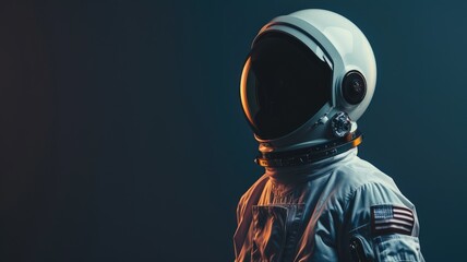 Astronaut in full gear with reflective helmet visor against a dark background