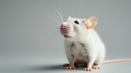 Close-up of a white laboratory mouse on a gray background