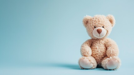 A soft, cuddly bear sitting against a calm blue backdrop