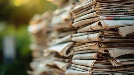 Obraz premium Stacked newspapers in soft focus with blurred background
