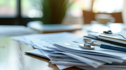 Medical stethoscope on top of piled healthcare documents, office setting