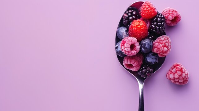 Assorted frozen berries on a spoon against a purple backdrop