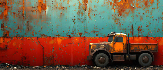 Truck Parked in Front of Rusted Wall