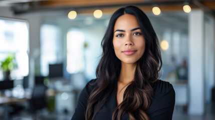 Obraz premium Confident latin businesswoman portrait at her office with copy space