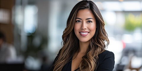 Obraz premium Confident latin businesswoman portrait at her office with copy space
